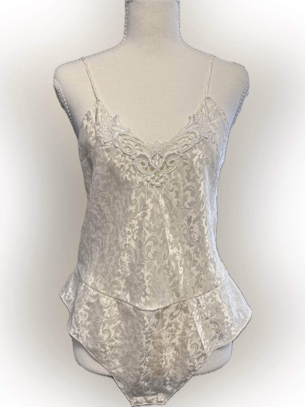 Ivory Lace-Trim Satin Chemise Bodysuit